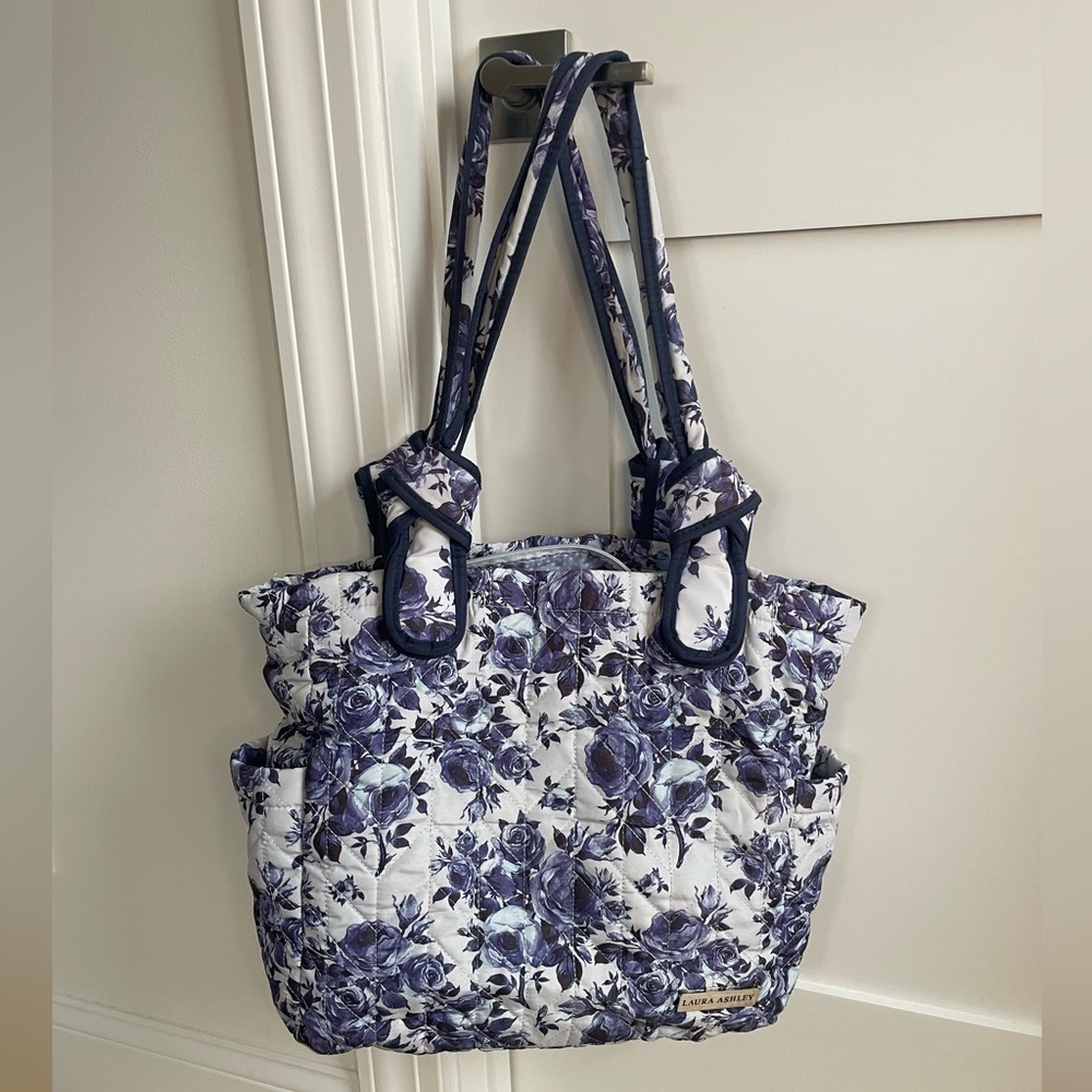 Laura Ashley Quilted Floral Diaper Baby Bag Set - 3pc (Navy/White) cross body